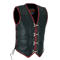 BGA Men's Rider Leather Motorcycle Vest Red/Black Braided