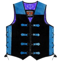 BGA Crocodile Blue Pattern Leather Motorcycle Vest with Suede Body